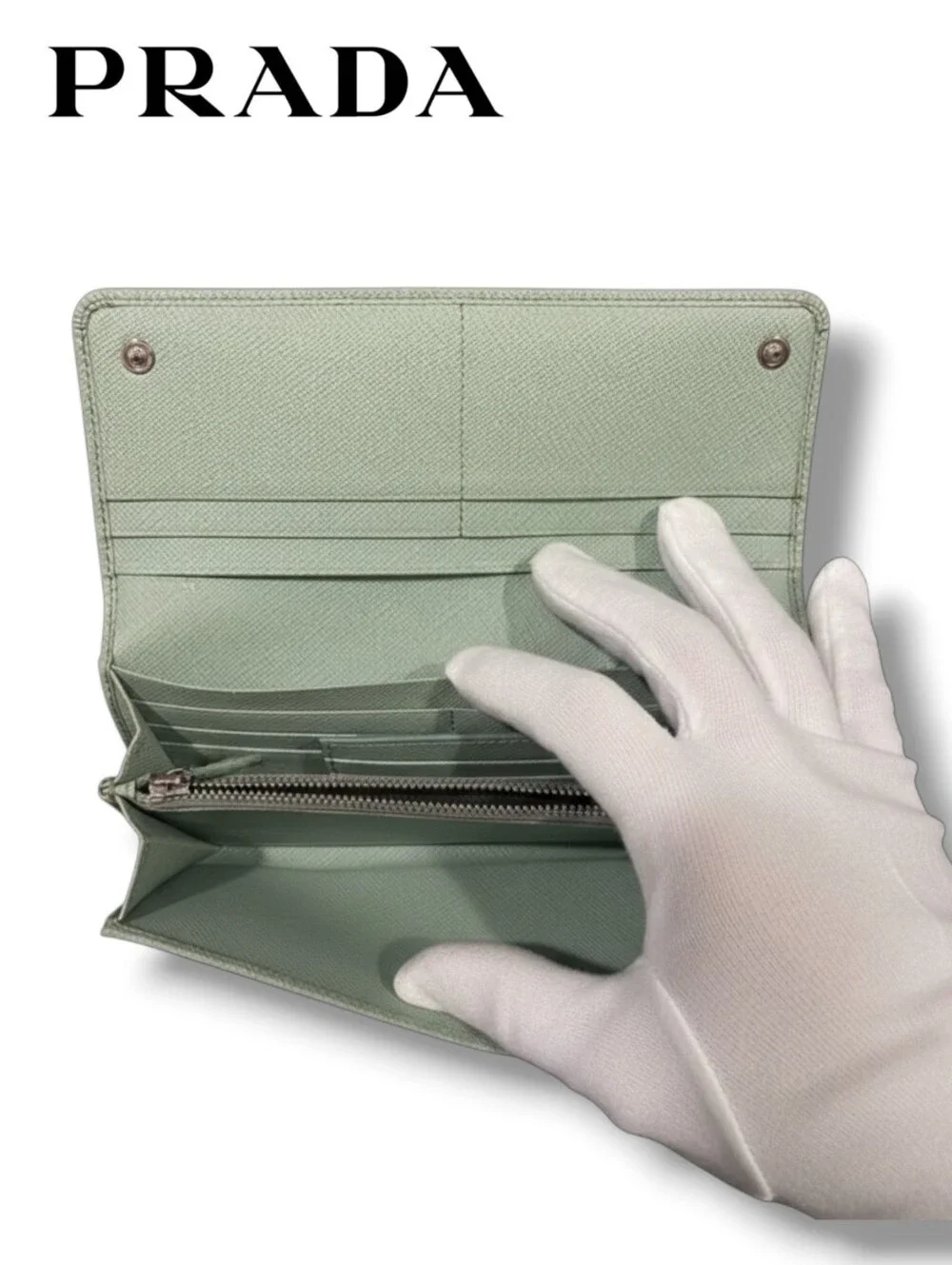 PRADA Fiocco Bow Saffiano Leather Long Wallet Green Foldover Clutch Flap Italy